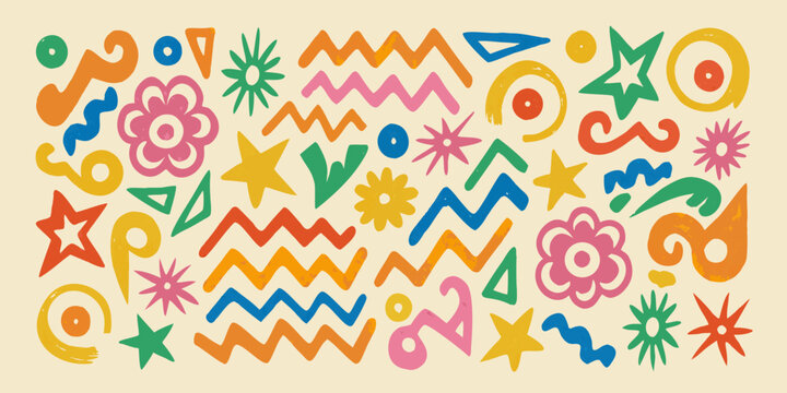 hand drawn abstract pattern with colorful shapes on beige background zigzag lines stars flowers circles triangles spiral