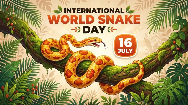 International World Snake Day illustration with fierce orange yellow serpent open mouth hissing on tropical branch