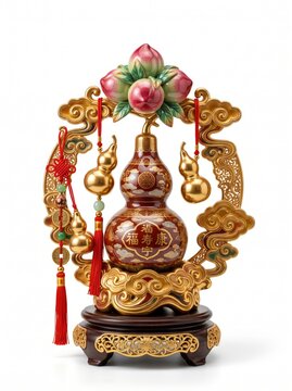 Museum-quality oriental prosperity ornament featuring Wu Lou, longevity peaches, hanging golden gourds, auspicious clouds, metallic gold craftsmanship