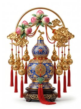 Museum-quality oriental prosperity ornament featuring Wu Lou, longevity peaches, hanging golden gourds, auspicious clouds, metallic gold craftsmanship