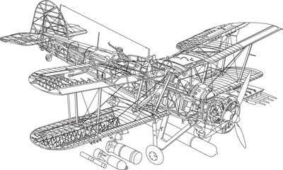 Technical drawing of Vintage military fighter Airplane. Propeller Engine, and Technical Aircraft Engineering Schematics in line art style © LassoPix