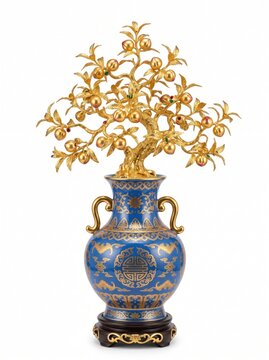 Luxury prosperity vase with golden peach tree., isolated on pure white background