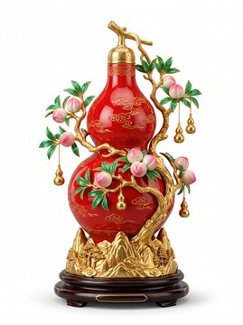 Masterpiece luxury feng shui ornament featuring an imperial red ceramic Wu Lou gourd decorated with a magnificent golden longevity peach tree, delicate pink peaches