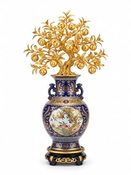 Luxury prosperity vase with golden peach tree., isolated on pure white background