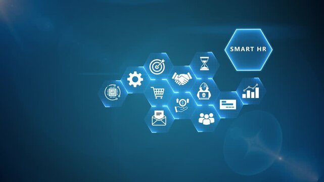 Smart HR dashboard illustrating digital workforce automation, intelligent supply chain coordination, employee management and enterprise productivity on blue background
