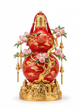 Masterpiece luxury feng shui ornament featuring an imperial red ceramic Wu Lou gourd decorated with a magnificent golden longevity peach tree, delicate pink peaches