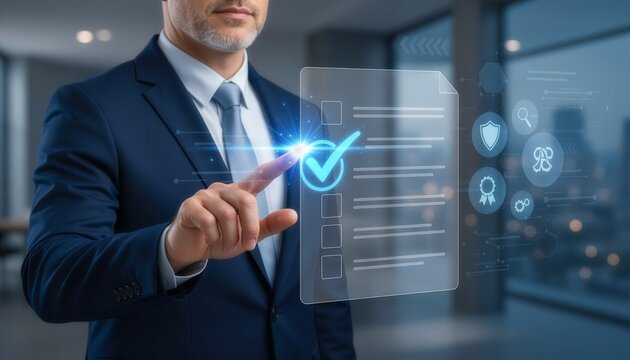 A businessman's finger selects glowing checkmark icons beside document symbols, representing task completion and quality approval.