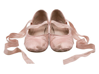 Pair of worn pink ballet slippers with ribbons © X02