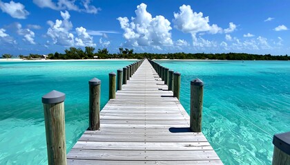 Fototapeta premium Long wooden pier extends over bright turquoise water to an island