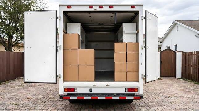 Open delivery truck cargo bay loaded with stacked cardboard shipping boxes and industrial shelving units captured 