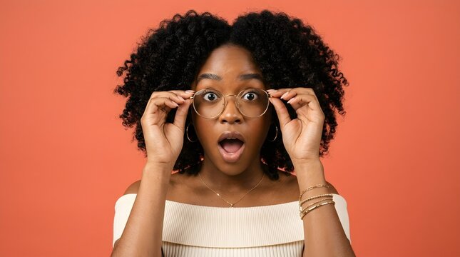 Surprised young woman with curly hair adjusting her stylish glasses while looking at camera 