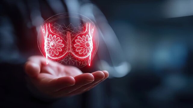 Doctor holding a glowing holographic female breast anatomy above an open hand, representing breast health, mammary gland examination, breast cancer awareness, medical diagnostics, women's healthcare.