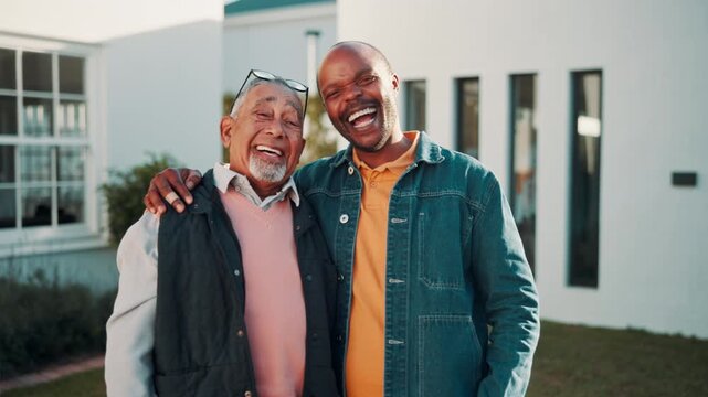 Face, old father and son outdoor at new house, property purchase and bonding for relocation. Portrait, family and laughing with embrace, home selection and real estate investment for ownership