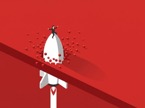 Businessman on rocket bursting through red ceiling barrier