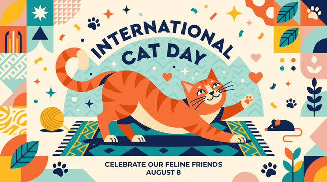 International cat day august 8 celebration banner with stretching ginger tabby