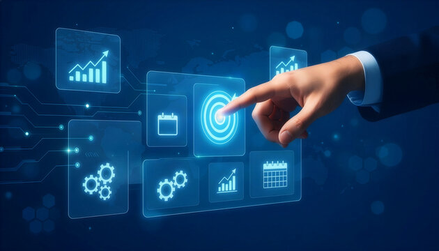A businessman selects a glowing icon among symbols representing growth, planning, and strategic business management tools.