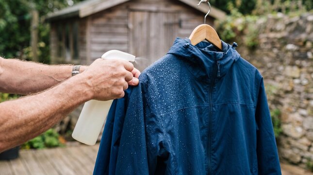 Man spraying waterproofing repellent coating on a blue rain jacket
