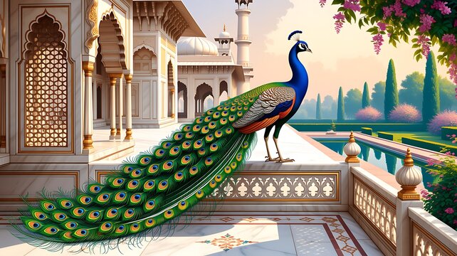 Illustration of a mughal garden with peacocks, parrots, plants, and trees, featuring a botanical landscape pattern. Mughal Garden. Illustration