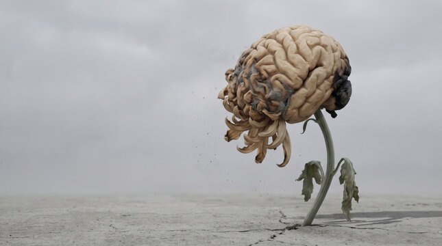 Wilting brain shaped flower drooping on stem in barren desert