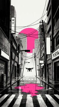 Drone flying over rain-slicked crosswalk in ink-style city alley