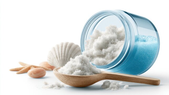 Sea salt spilling out of a blue glass jar onto a wooden spoon, with seashells and starfish scattered nearby, evoking a sense of oceanic freshness and natural purity