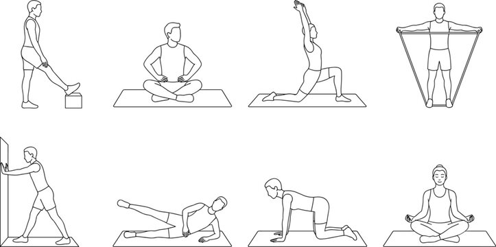 Minimalist vector line art icons set of men and women performing physical therapy exercises and yoga stretches