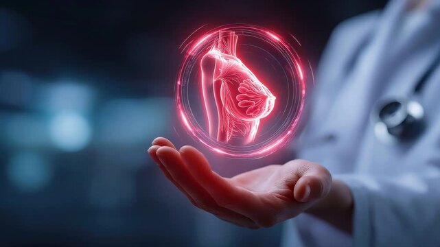 Doctor holding a glowing holographic female breast anatomy above an open hand, representing breast health, mammary gland examination, breast cancer awareness, medical diagnostics, women's healthcare.