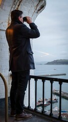 Fototapeta premium Man Taking Photos of Waterfront from Balcony in Coastal Town Scenic View
