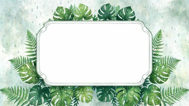 Blank frame surrounded by leaves, raindrops 