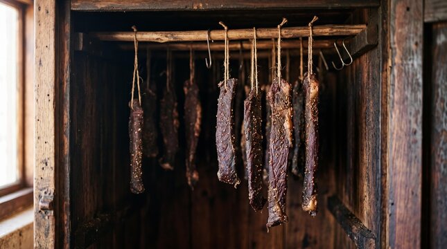Traditional South African biltong hanging to dry inside a rustic wooden smokehouse