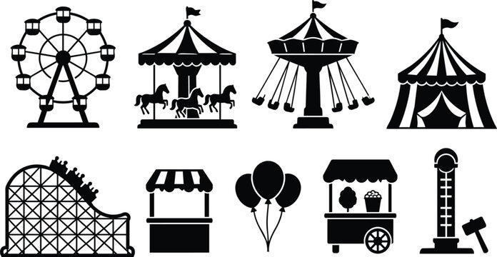 County Fair Icons silhouette, fairground attraction set, Black vector