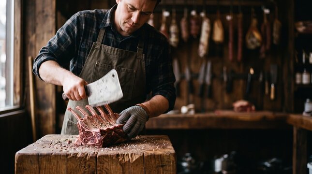Artisan butcher cutting a rack of prime beef on a rustic wooden block