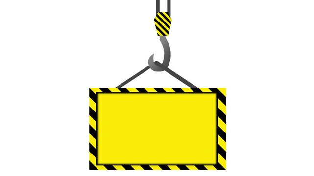 Animated industrial crane hook lowering and raising a blank yellow warning sign with hazard stripes on white and green screen backgrounds.