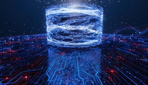 Futuristic data storage drive with digital blue glow