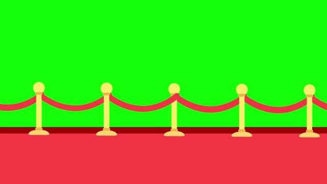 A red carpet pathway lined with golden stanchions and red velvet rope barriers stands isolated on a green screen backdrop.
