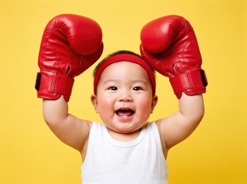 Laughing baby raising red boxing gloves overhead on yellow background