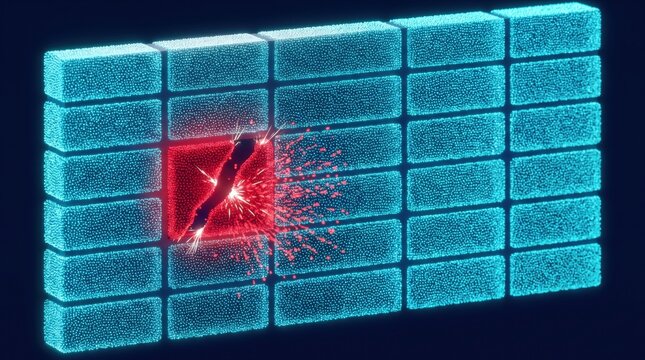 3D render cyan glowing brick wall with red explosion breach