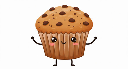 Cute and Happy Cartoon Chocolate Chip Muffin Character Waving Hello