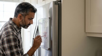 Fototapeta premium Man in plaid shirt writing on whiteboard attached to refrigerator in kitchen