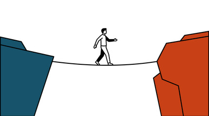 Person crossing chasm on rope between blue and red cliff edges © Muhtasim
