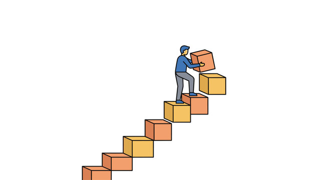 Man places orange block on steps constructing stairs upward progress building career moving forward