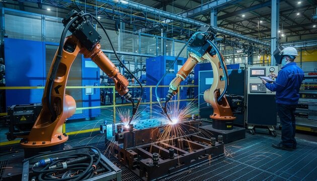 Bright orange sparks fly from precision machinery on a busy factory floor filled with industrial robotic equipment.