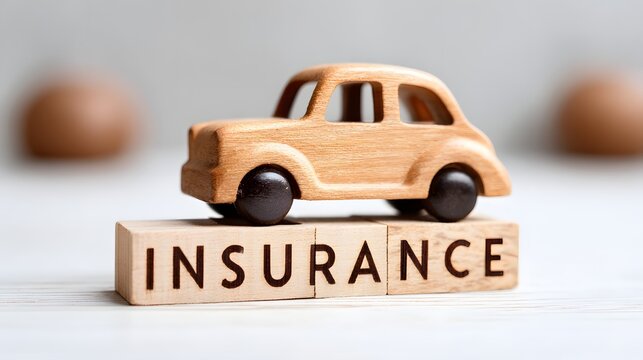 Miniature wooden car resting on a block with insurance engraving. Automotive protection concept.