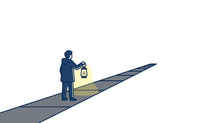 Man holding lantern on cobblestone path at night, illuminating way forward, sense of guidance © Muhtasim