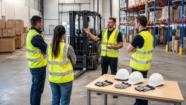Forklift Operator Safety Training in Industrial Warehouse with Instructor and Trainees