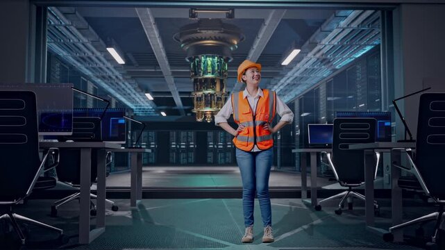 Full Body Of Asian Female Engineer Wearing Safety Helmet Looking Around While Standing With Arms Akimbo at Futuristic Quantum Computer Data Center Control Room
