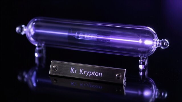 Krypton gas tube sits on a black surface with a label that reads Kr Krypton under a purple light background
