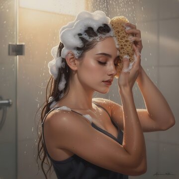 Pulizia ed igiene: bella donna che fa la doccia e si insapona