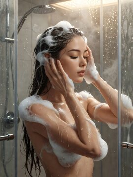 Pulizia ed igiene: bella donna che fa la doccia e si insapona