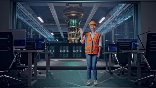 Full Body Of Asian Female Engineer With Safety Helmet Smiling To Camera And Waving Hand Saying Bye While Standing at Futuristic Quantum Computer Data Center Control Room